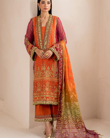 Baroque | Orange Digital Chiffon Embroidered Suit