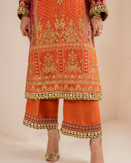 Baroque | Orange Digital Chiffon Embroidered Suit