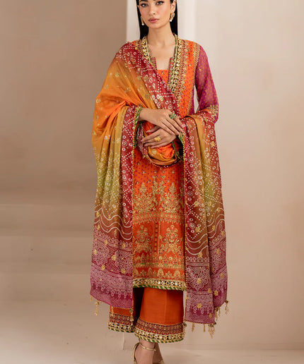 Baroque | Orange Digital Chiffon Embroidered Suit