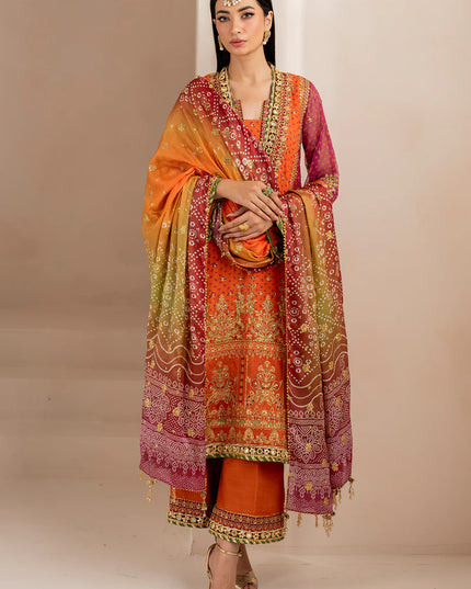 Baroque | Orange Digital Chiffon Embroidered Suit