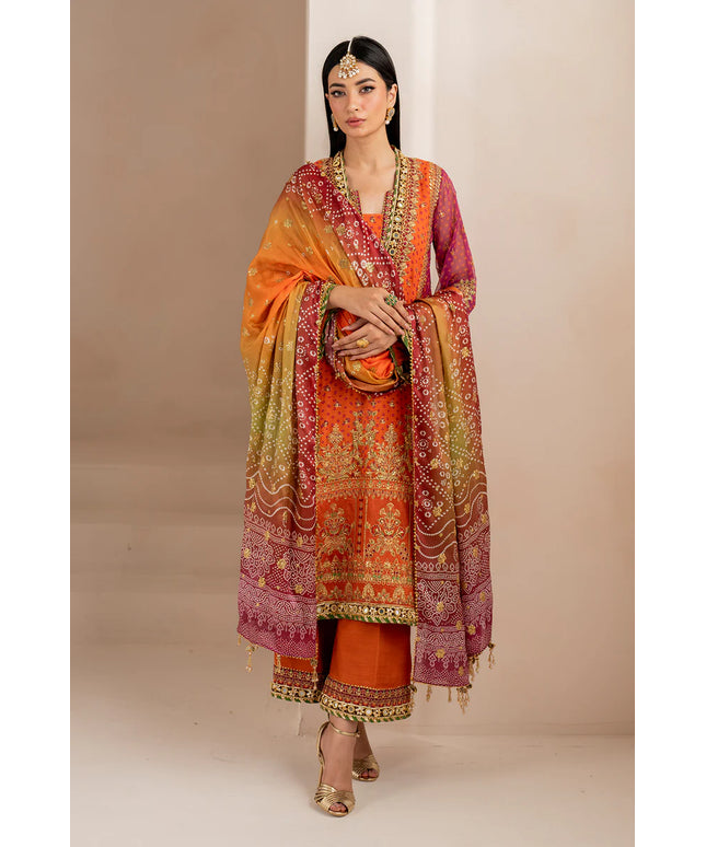 Baroque | Orange Digital Chiffon Embroidered Suit