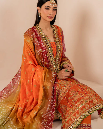 Baroque | Orange Digital Chiffon Embroidered Suit