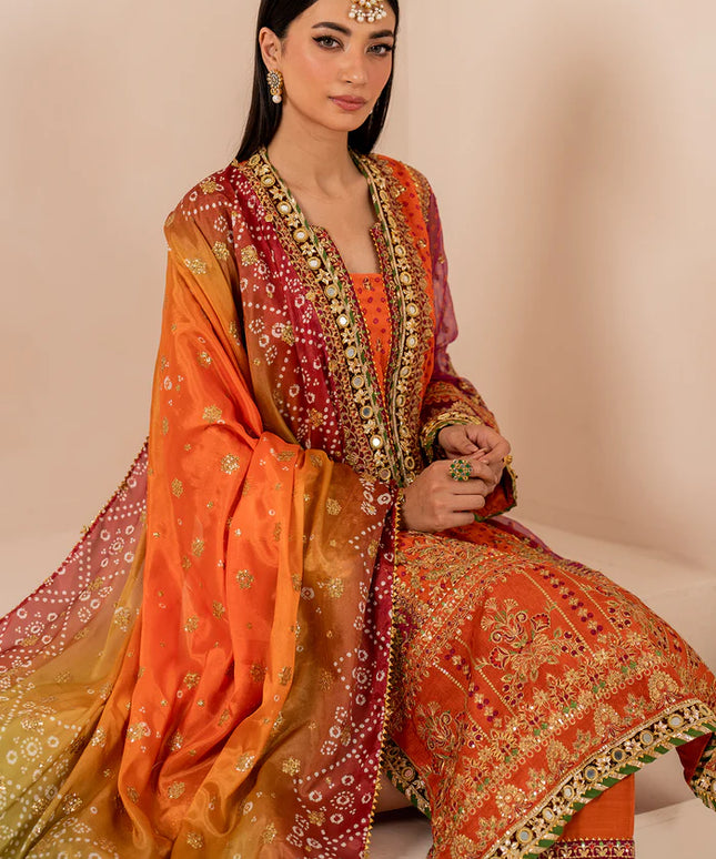 Baroque | Orange Digital Chiffon Embroidered Suit
