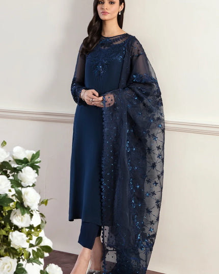 Navy Embroidered Chiffon Dress 