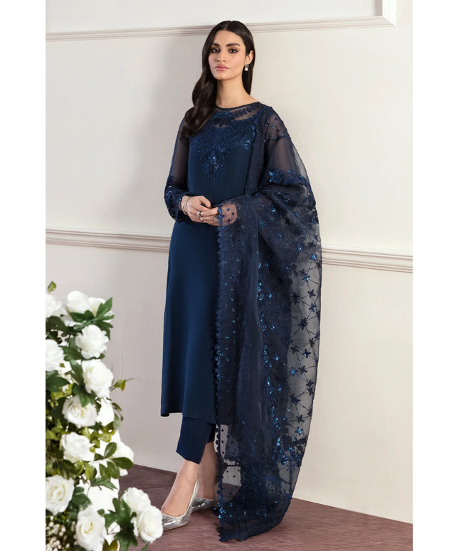Navy Embroidered Chiffon Dress 