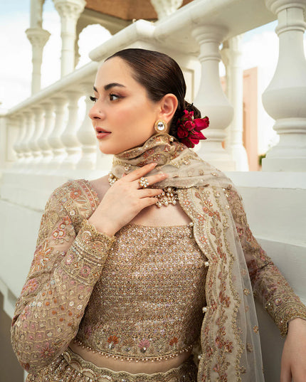 Faiza Saqlain | Ivory Gold Net Embroidered Sequenced Lehenga Choli