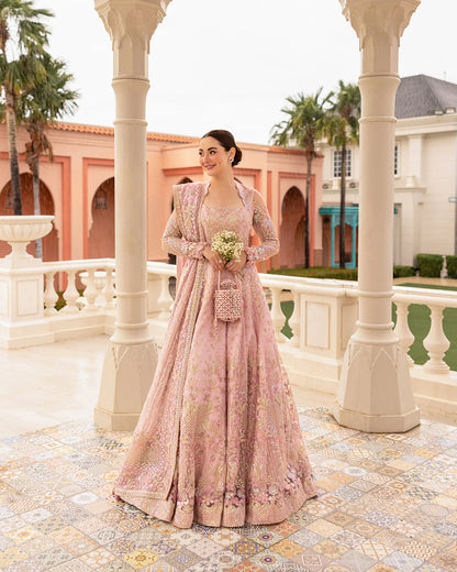 Faiza Saqlain | Powder Pink Net Embroidered Maxi Dress