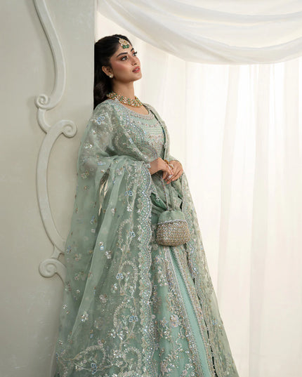 Faiza Saqlain | Mint Green Organza Embroidered Embellished Maxi Gown
