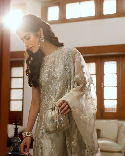Faiza Saqlain | Light Stone Gray Embroidered Tissue Suit