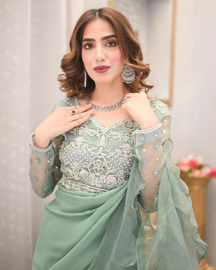 Fern | Mint Green Ruffled Chiffon Saree