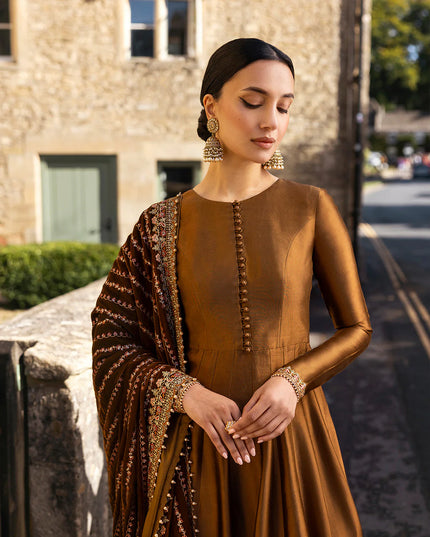 Faiza Saqlain | Copper Brown Silk Embroidered Pishwas