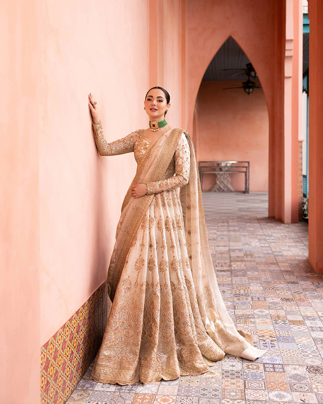 Faiza Saqlain | Beige Net Embroidered Maxi Dress