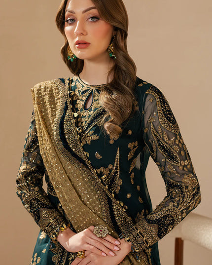 Kaya | Teal Green Embroidered Chiffon Velvet Appliqued Lehenga