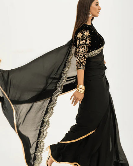 Armish | Black Velvet Embellished Saree