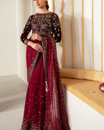 Raman | Maroon Embroidered Velvet Saree