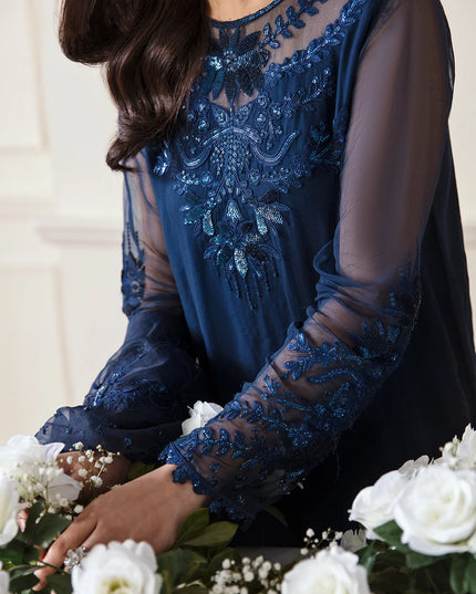 Navy Embroidered Chiffon Dress 
