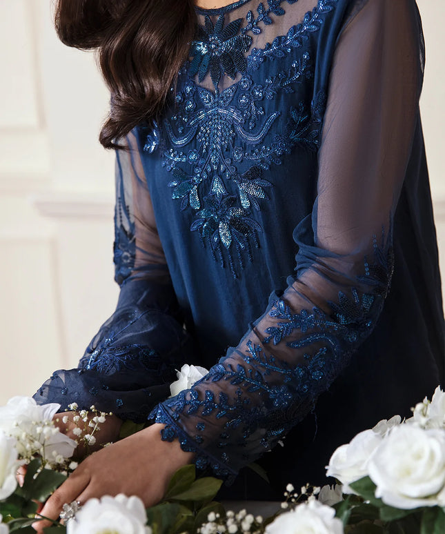 Navy Embroidered Chiffon Dress 