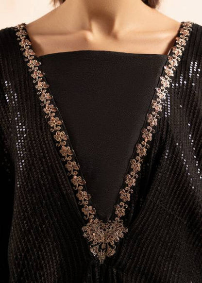 Surmayi | Black Chiffon Embroidered Kaftan