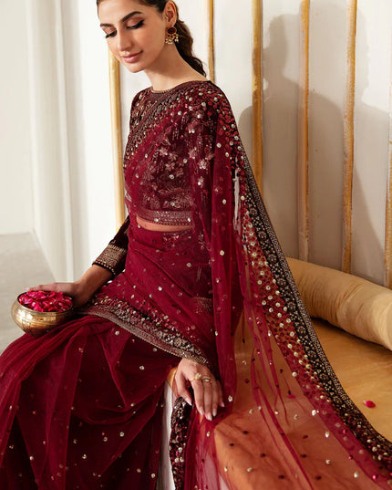 Raman | Maroon Embroidered Velvet Saree
