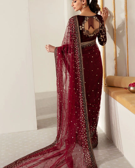 Raman | Maroon Embroidered Velvet Saree