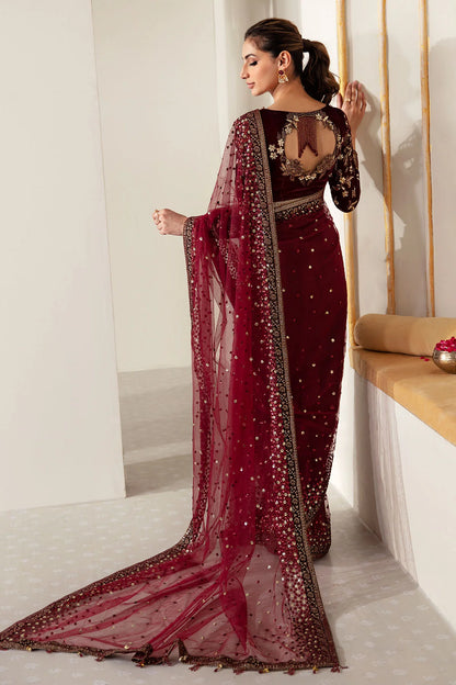Raman | Maroon Embroidered Velvet Saree