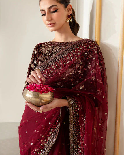 Raman | Maroon Embroidered Velvet Saree