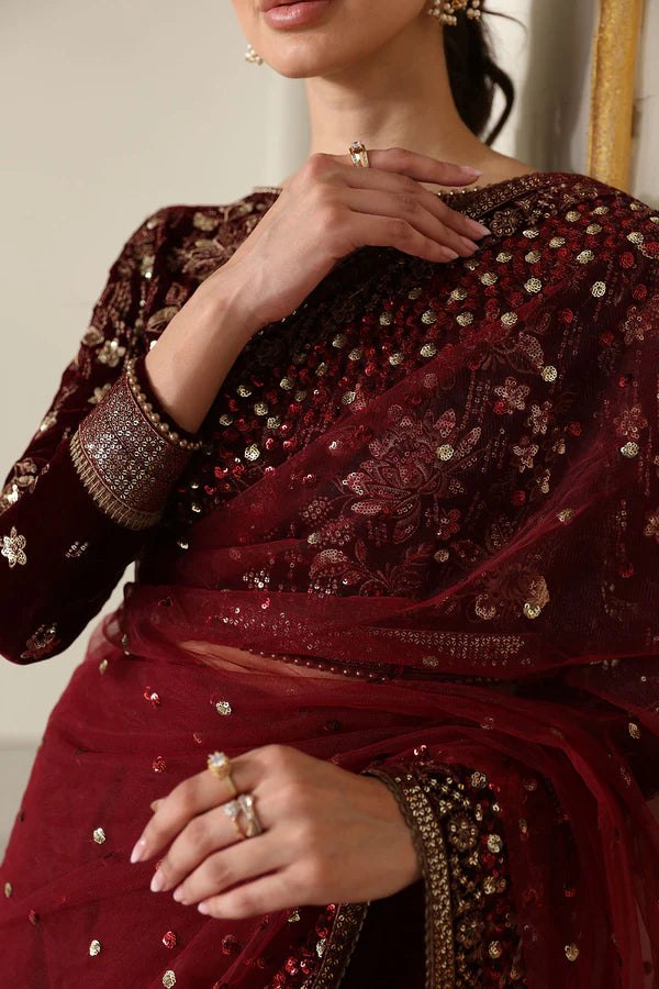 Raman | Maroon Embroidered Velvet Saree
