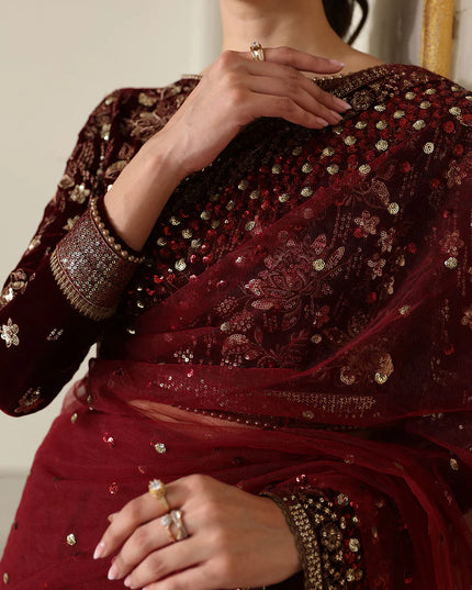 Asha | Maroon Embroidered Net Velvet Saree