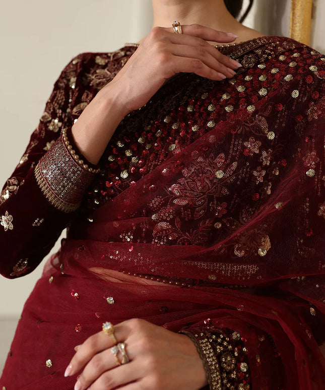 Asha | Maroon Embroidered Net Velvet Saree