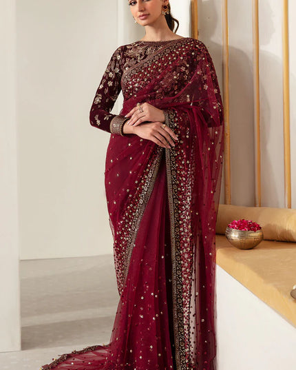 Raman | Maroon Embroidered Velvet Saree
