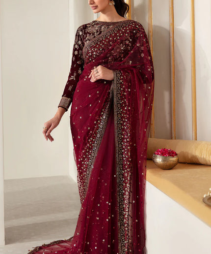 Asha | Maroon Embroidered Net Velvet Saree