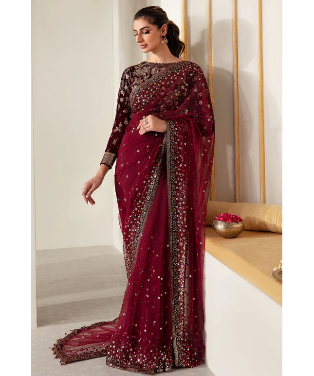 Asha | Maroon Embroidered Net Velvet Saree