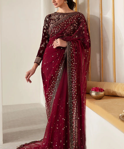 Raman | Maroon Embroidered Velvet Saree