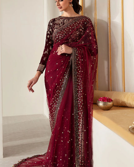 Raman | Maroon Embroidered Velvet Saree