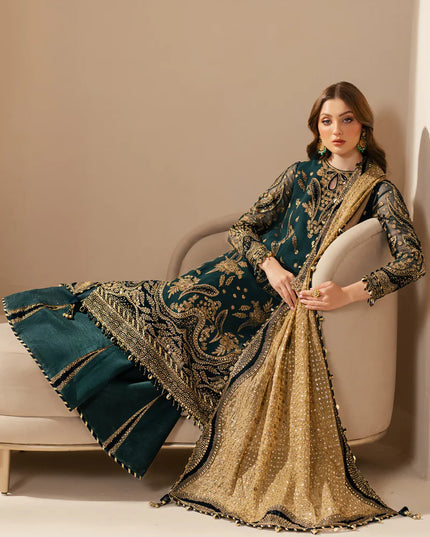 Kaya | Teal Green Embroidered Chiffon Velvet Appliqued Lehenga