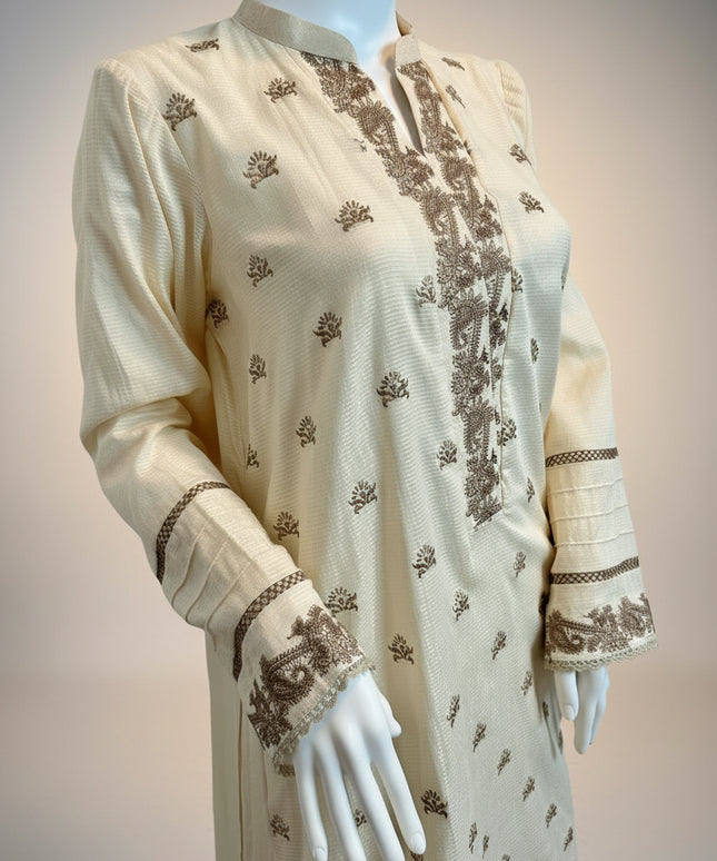 Khaadi Cream & Blush Embroidered Khaddar Shirt with Dupatta