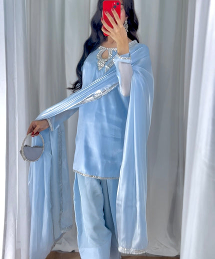 Neelofar | Light Pastel Blue Silk Embellished Suit