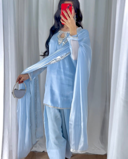 Neelofar | Light Pastel Blue Silk Embellished Suit