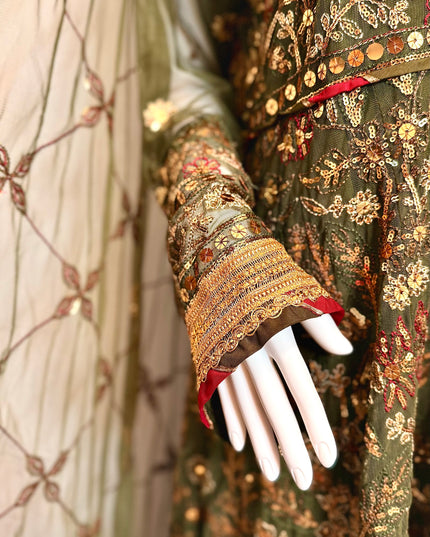 Luxury Olive Green Embroidered Peshwas Set