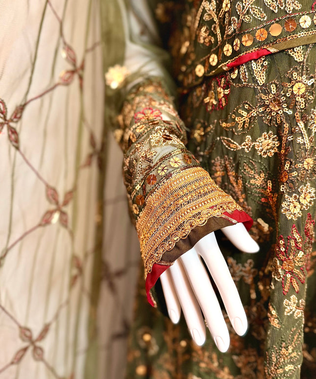 Luxury Olive Green Embroidered Peshwas Set