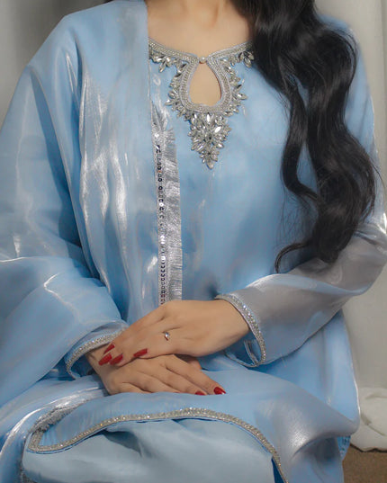 Neelofar | Light Pastel Blue Silk Embellished Suit