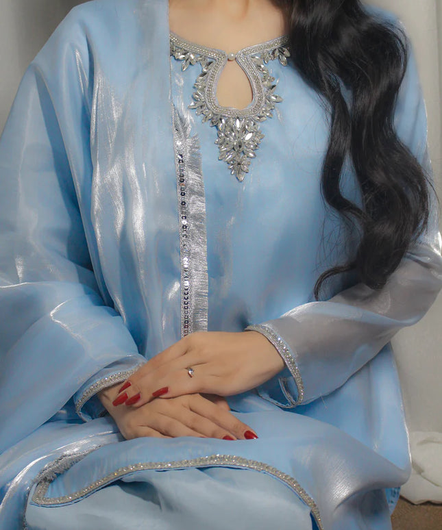 Neelofar | Light Pastel Blue Silk Embellished Suit