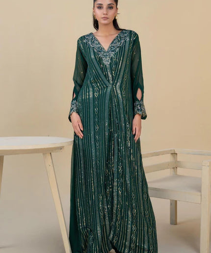 Jewel | Bottle Green Chiffon Embroidered Kaftan