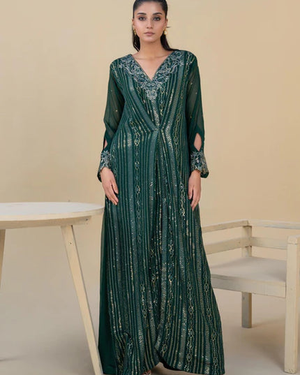 Jewel | Bottle Green Chiffon Embroidered Kaftan