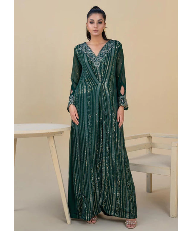 Jewel | Bottle Green Chiffon Embroidered Kaftan
