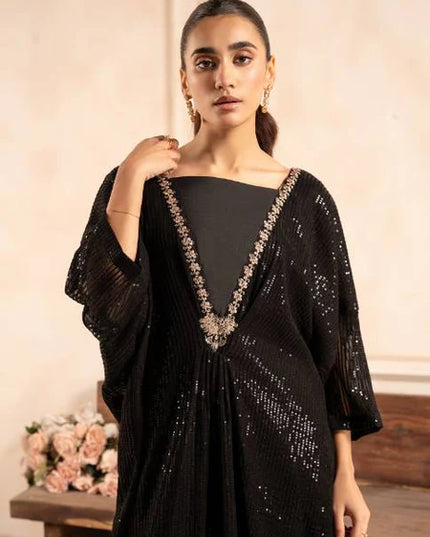 Surmayi | Black Chiffon Embroidered Kaftan