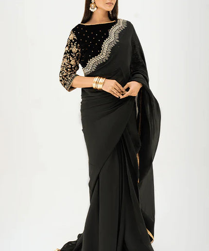 Armish | Black Velvet Embellished Saree