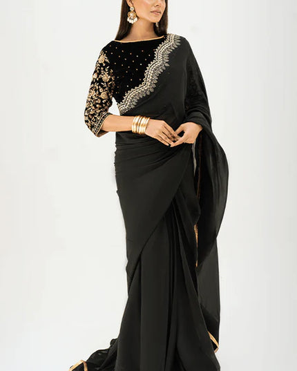Armish | Black Velvet Embellished Saree