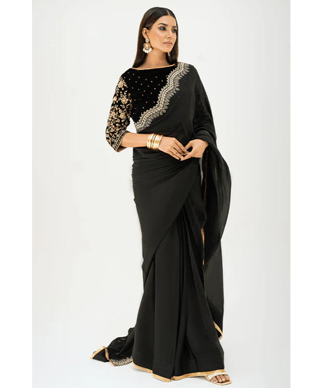 Armish | Black Velvet Embellished Saree