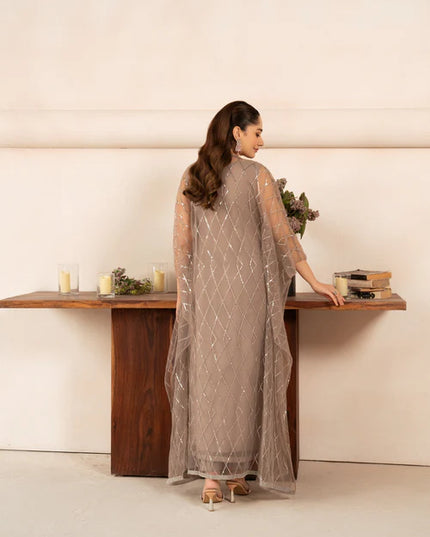 Malhaar | Beige Hand Embroidered Net Kaftan